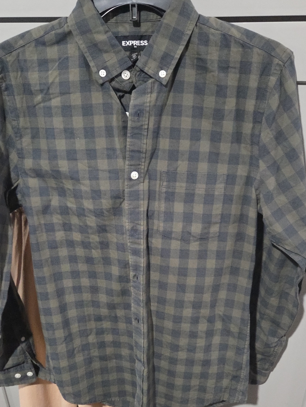 Express Olive and Navy Plaid Button-Down Shirt XS Mens